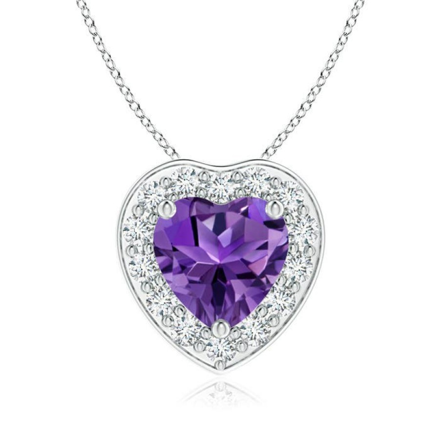 Necklaces Angara Amethyst | Heart-Shaped Amethyst Pendant With Diamond Halo