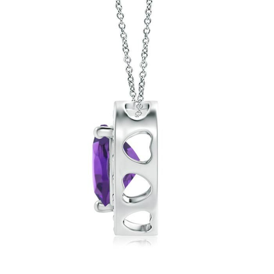 Necklaces Angara Amethyst | Heart-Shaped Amethyst Pendant With Diamond Halo