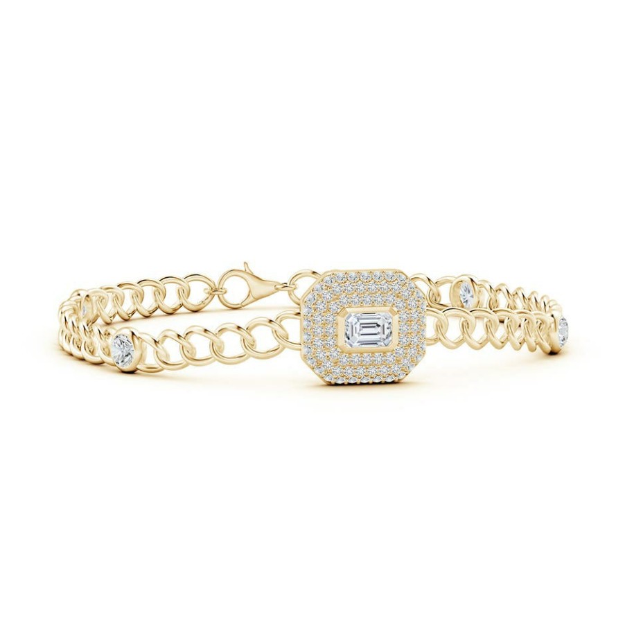 Bracelets Angara Diamond | Emerald-Cut Diamond Triple Halo Curb Chain Bracelet