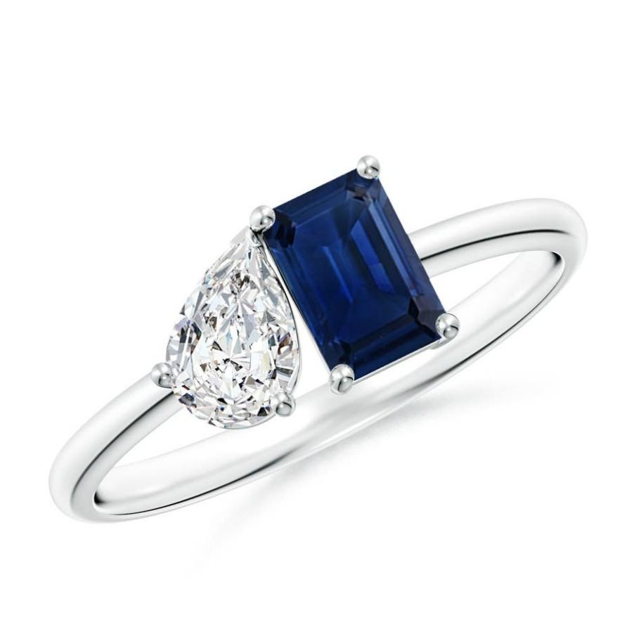 Rings Angara Blue Sapphire | Classic Two-Stone Emerald-Cut Blue Sapphire & Pear Diamond Ring