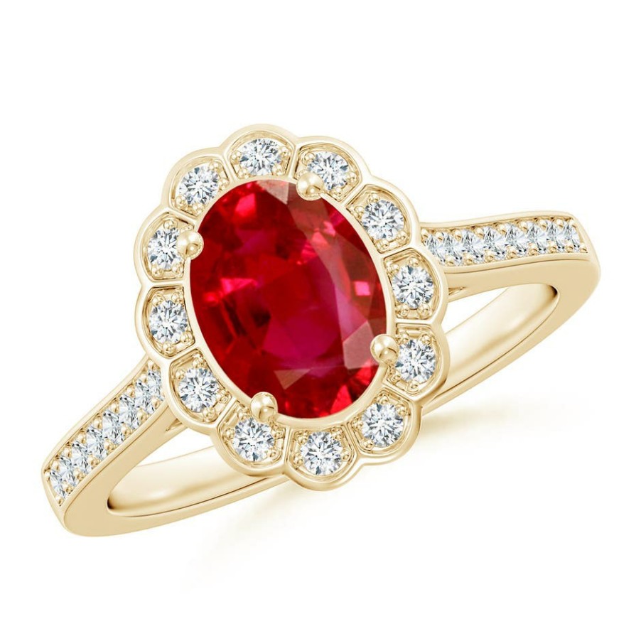 Rings Angara Ruby | Vintage Style Ruby & Diamond Scalloped Halo Ring