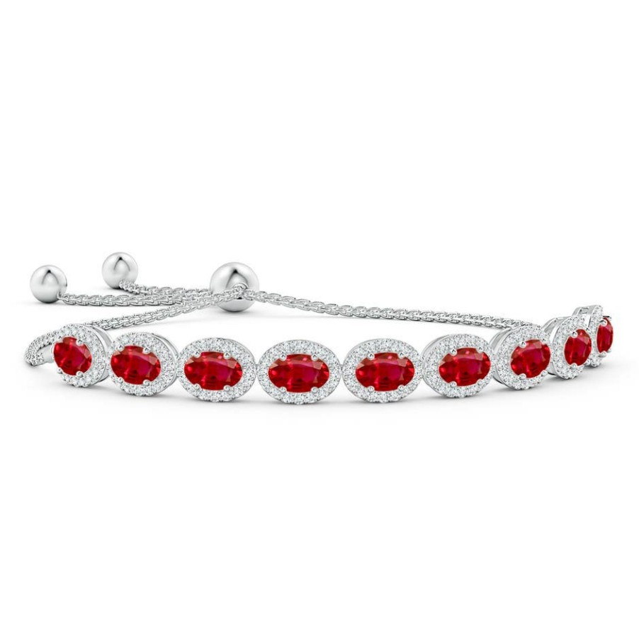 Bracelets Angara Ruby | Oval Ruby Bolo Bracelet With Diamond Halo