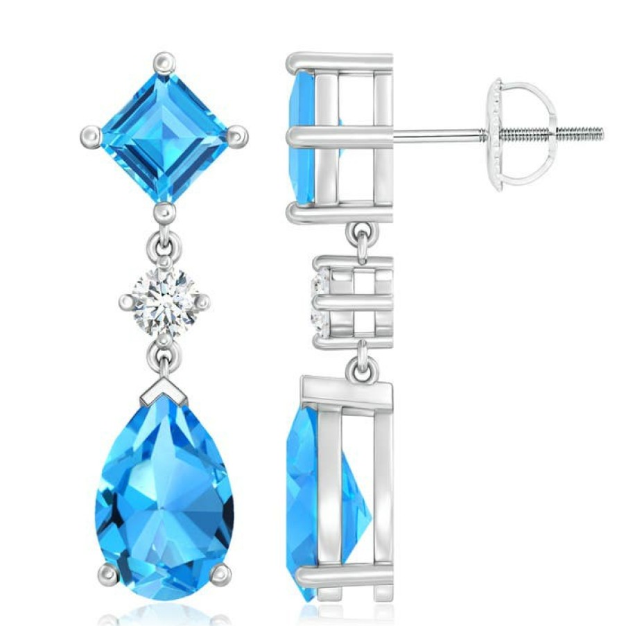 Earrings Angara Swiss Blue Topaz | Square And Pear Swiss Blue Topaz Drop Earrings With Diamond