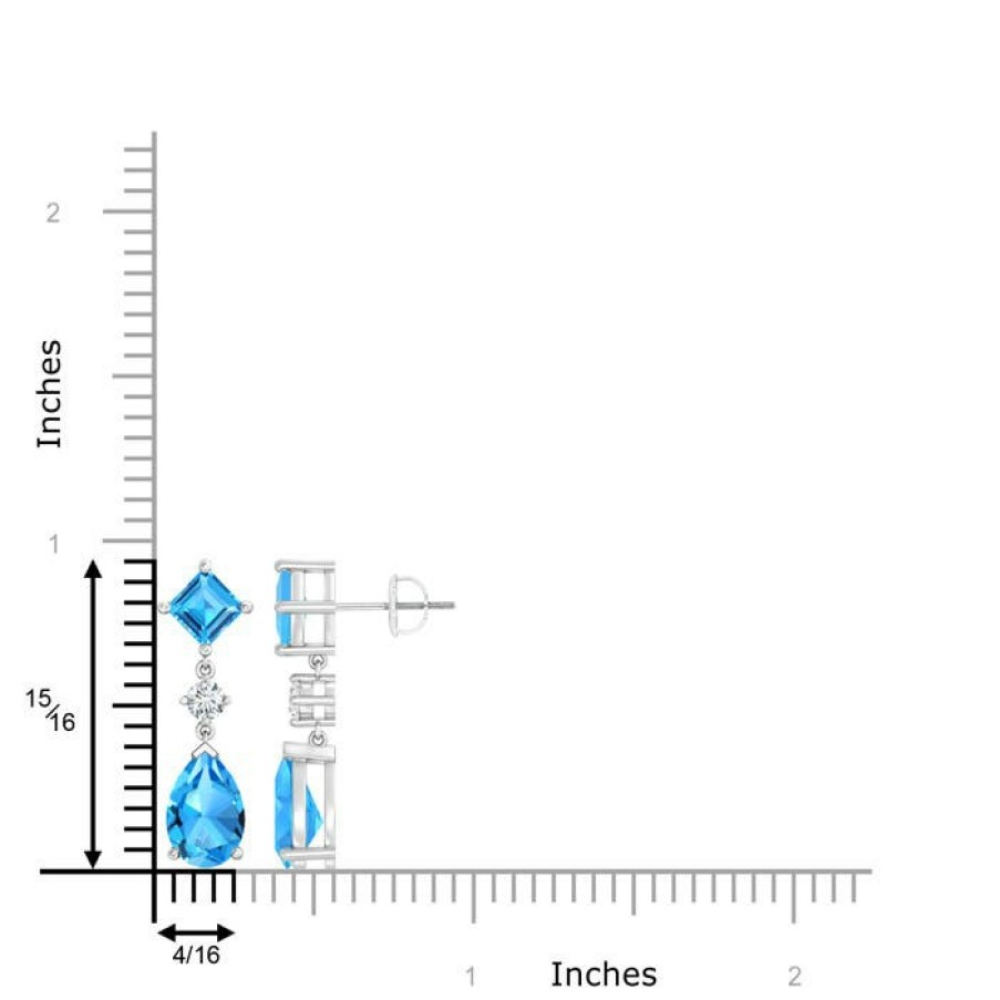 Earrings Angara Swiss Blue Topaz | Square And Pear Swiss Blue Topaz Drop Earrings With Diamond