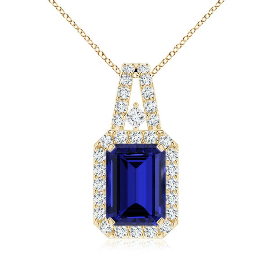 Necklaces Angara Blue Sapphire | Lab-Grown Emerald-Cut Blue Sapphire Halo Pendant