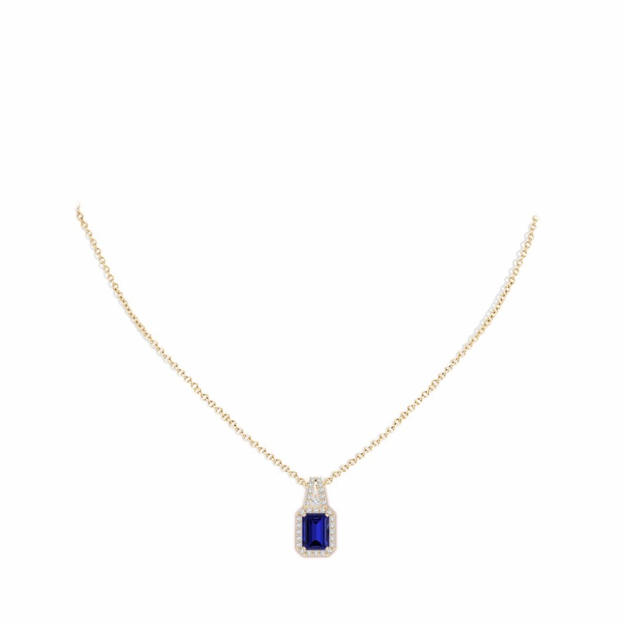 Necklaces Angara Blue Sapphire | Lab-Grown Emerald-Cut Blue Sapphire Halo Pendant