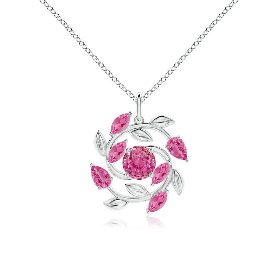 Necklaces Angara Pink Sapphire | Round And Marquise Pink Sapphire Olive Branch Pendant