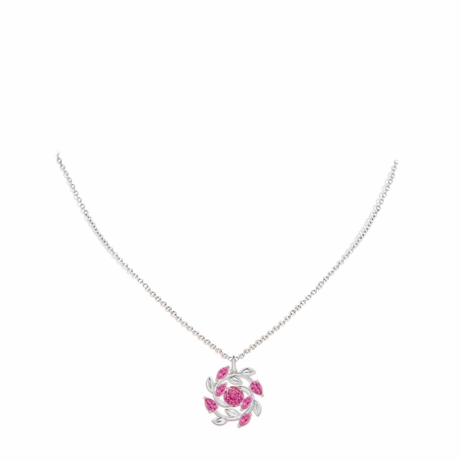 Necklaces Angara Pink Sapphire | Round And Marquise Pink Sapphire Olive Branch Pendant