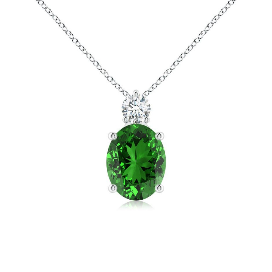 Necklaces Angara Emerald | Lab-Grown Oval Emerald Solitaire Pendant With Lab Diamond