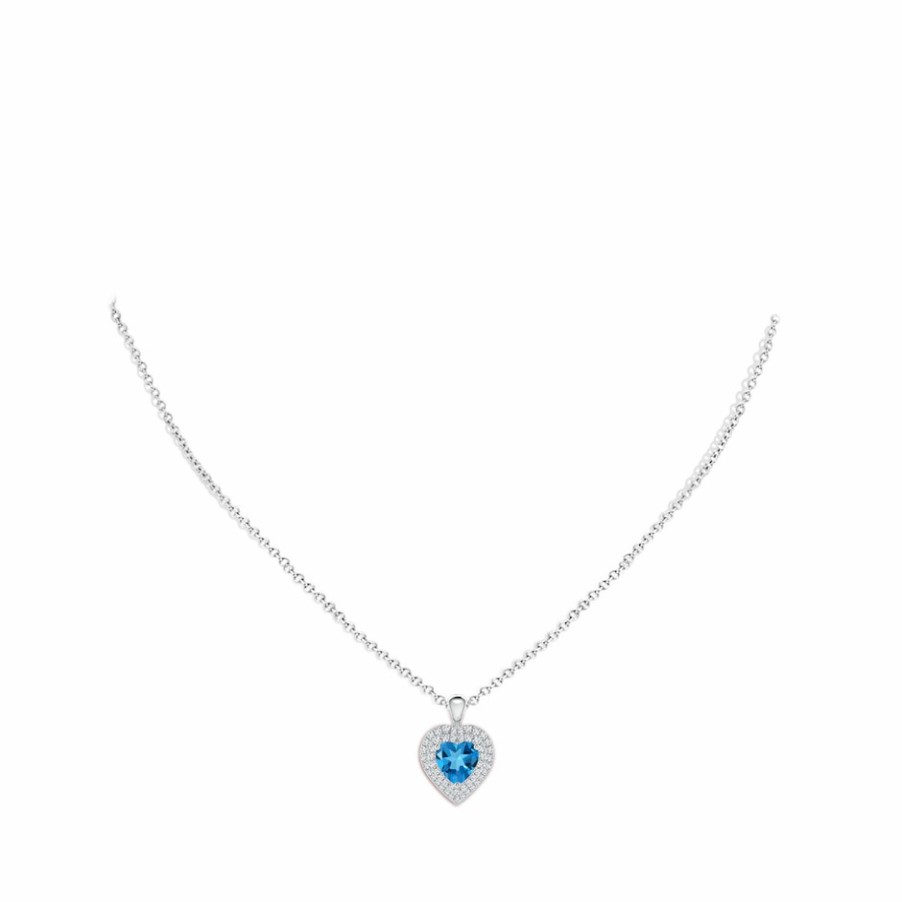 Necklaces Angara Swiss Blue Topaz | Swiss Blue Topaz Heart Pendant With Diamond Double Halo