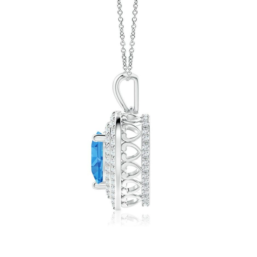 Necklaces Angara Swiss Blue Topaz | Swiss Blue Topaz Heart Pendant With Diamond Double Halo