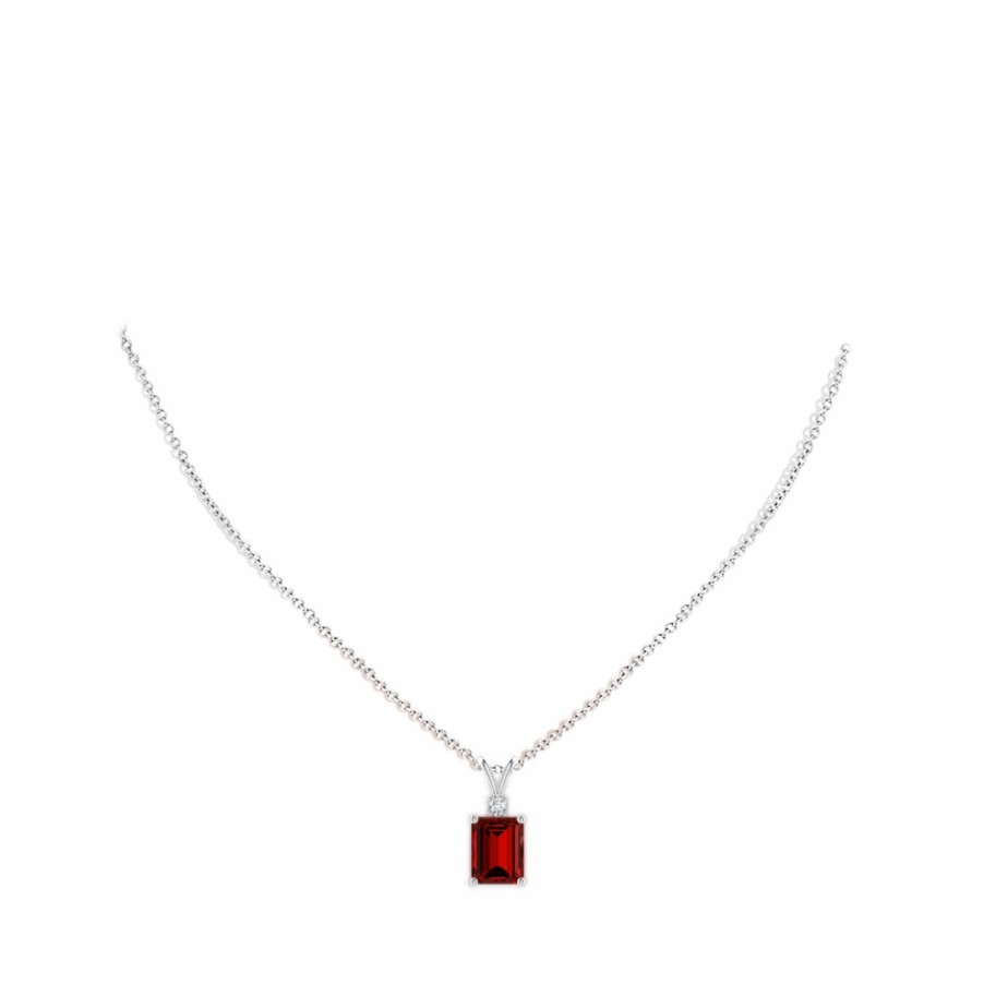 Necklaces Angara Ruby | Lab-Grown Emerald-Cut Ruby Solitaire Pendant With Diamond