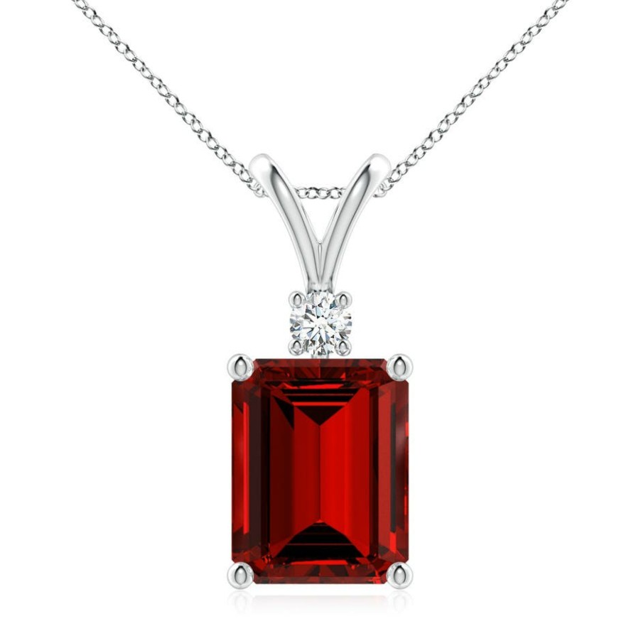 Necklaces Angara Ruby | Lab-Grown Emerald-Cut Ruby Solitaire Pendant With Diamond