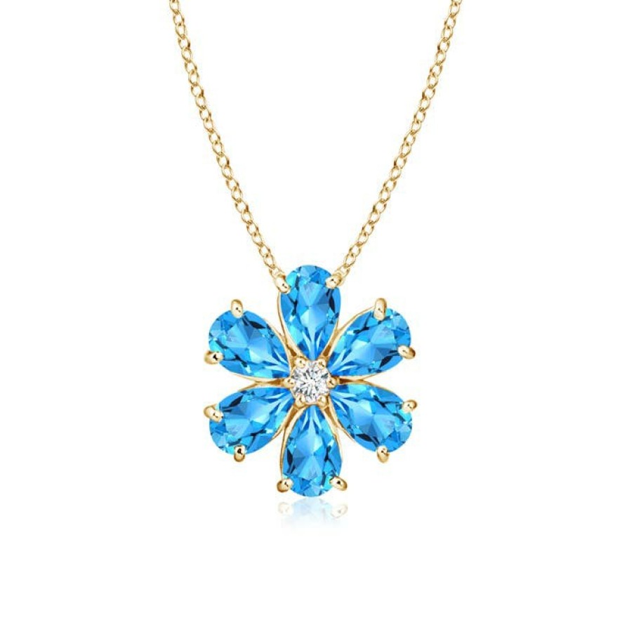 Necklaces Angara Swiss Blue Topaz | Swiss Blue Topaz Flower Cluster Pendant With Diamond