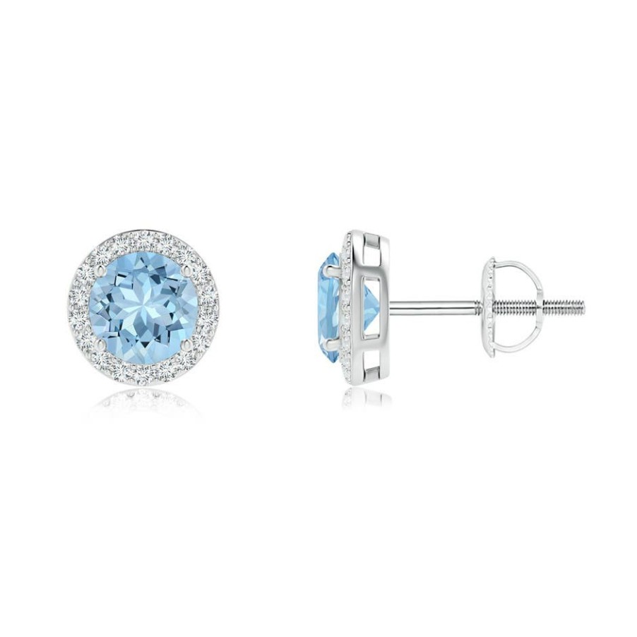 Earrings Angara Aquamarine | Vintage-Inspired Round Aquamarine Halo Stud Earrings