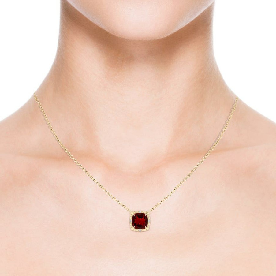 Necklaces Angara Garnet | Claw-Set Cushion Garnet Beaded Halo Necklace