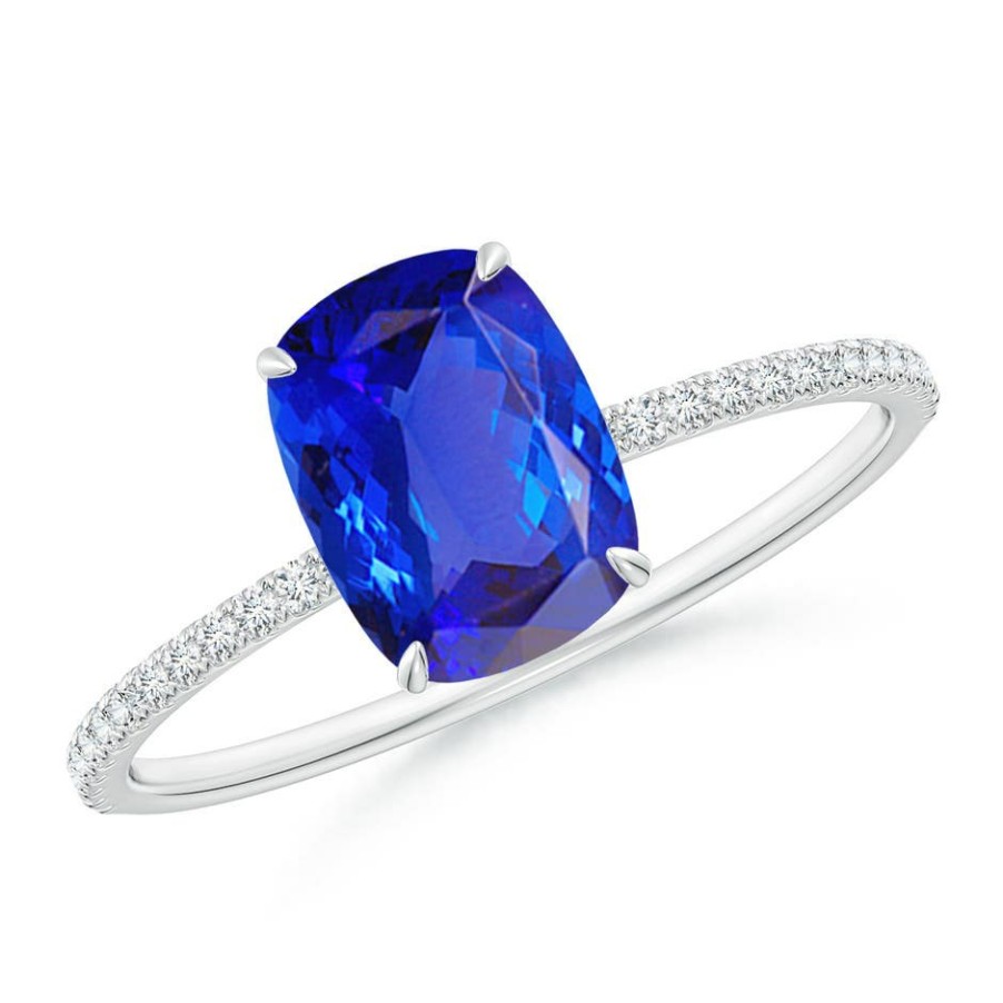 Rings Angara Tanzanite | Thin Shank Cushion Cut Tanzanite Ring With Diamond Accents