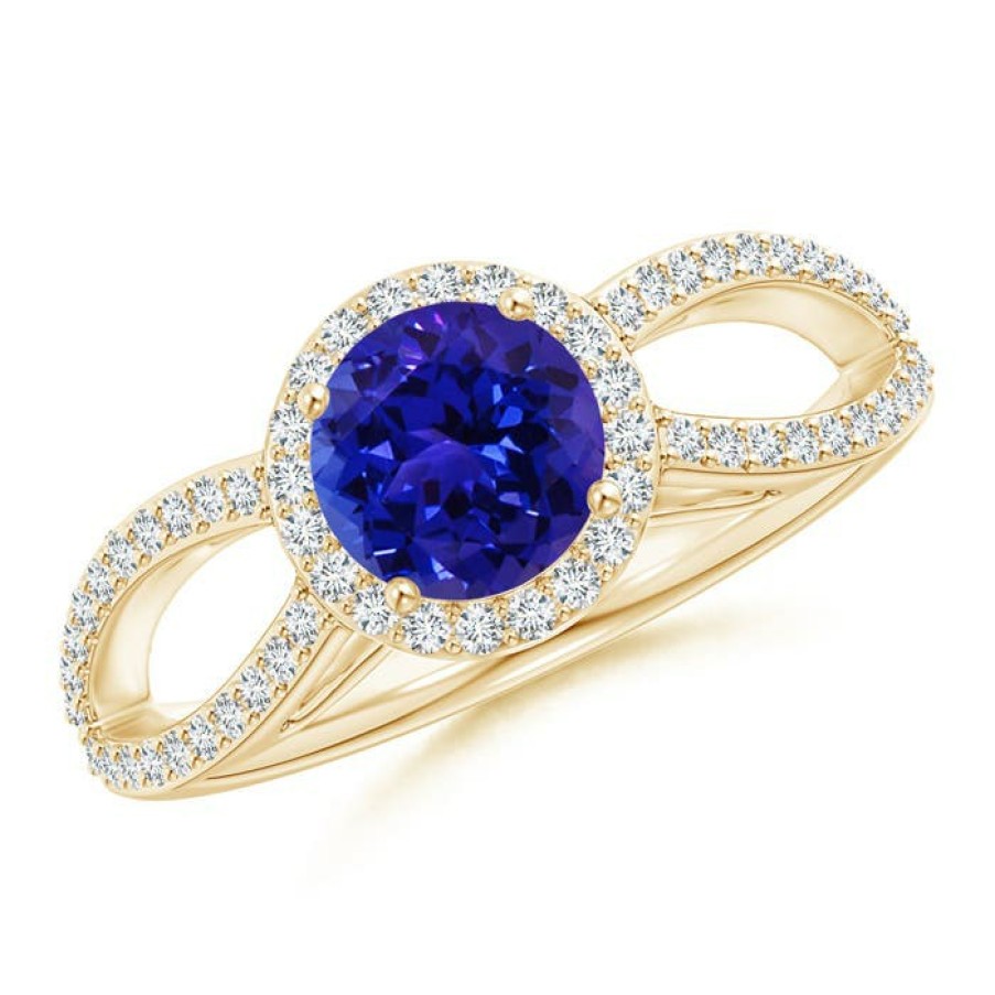 Rings Angara Tanzanite | Vintage Style Tanzanite Split Shank Ring With Diamond Halo