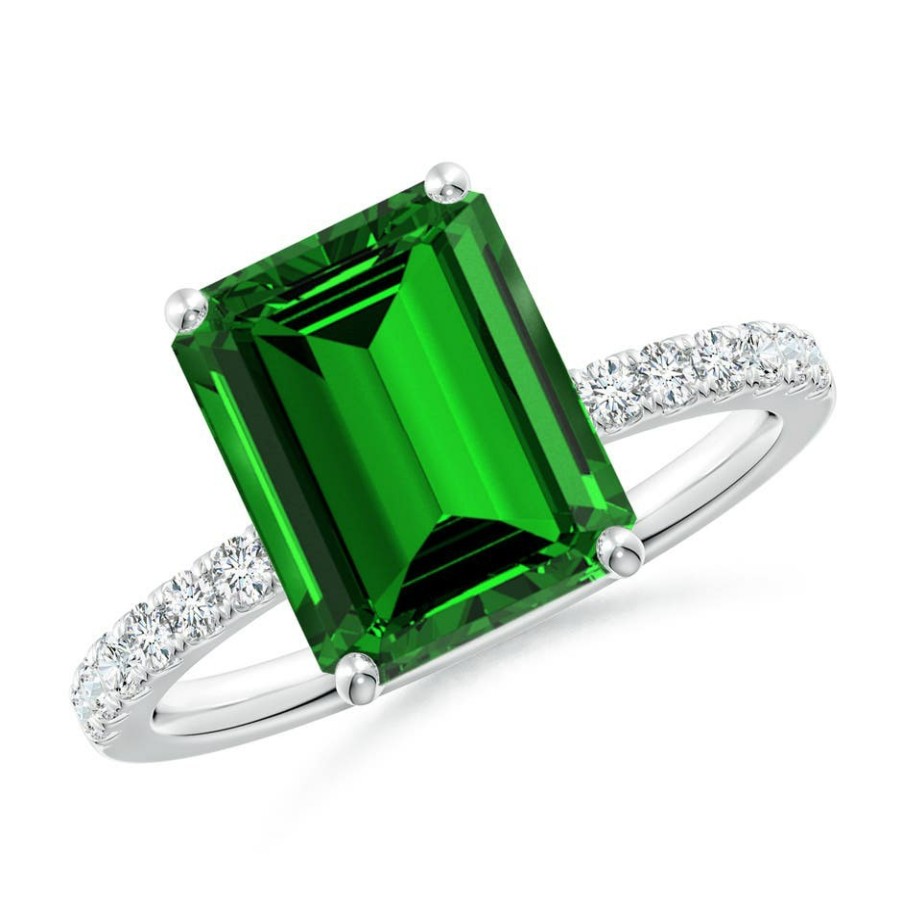 Rings Angara Emerald | Lab-Grown Emerald-Cut Emerald Engagement Ring With Lab Diamonds