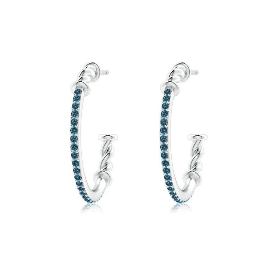 Earrings Angara Enhanced Blue | Prong-Set Round Blue Diamond Twisted Wire Hoop Earrings