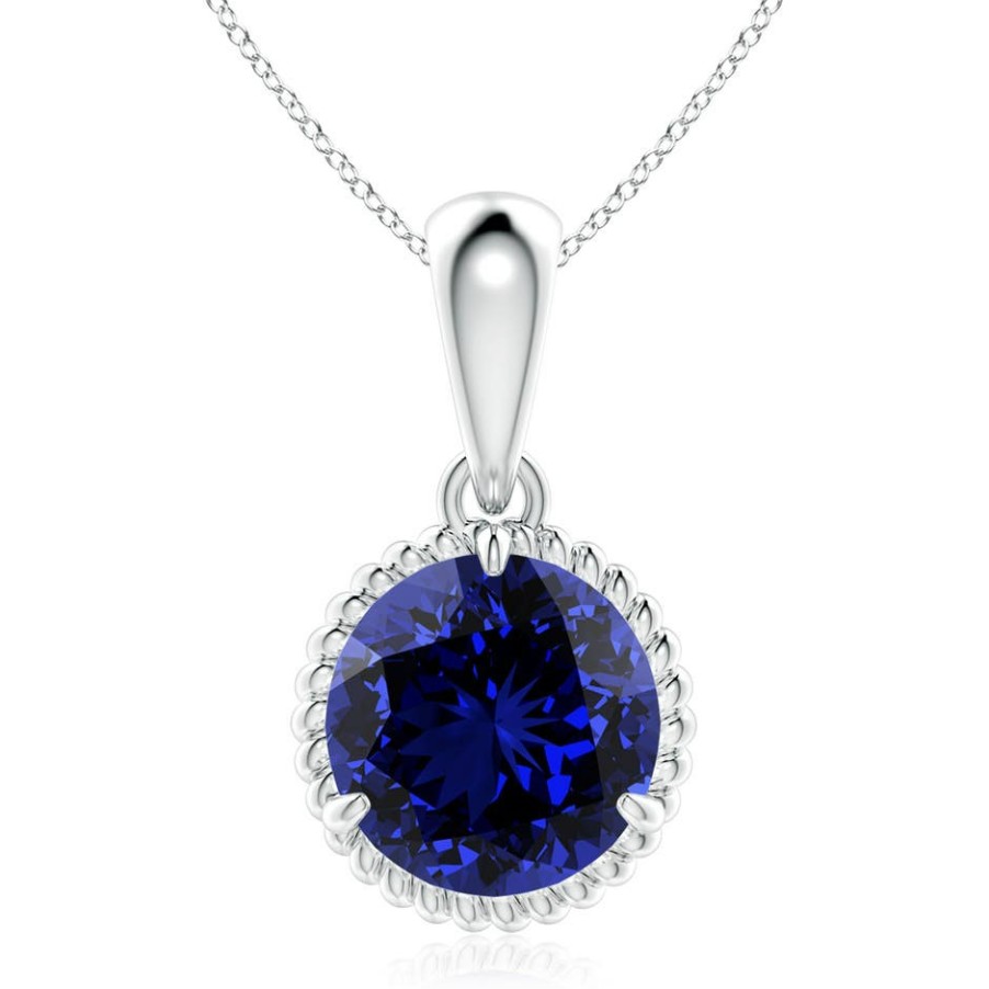 Necklaces Angara Blue Sapphire | Lab-Grown Rope-Framed Claw-Set Blue Sapphire Solitaire Pendant