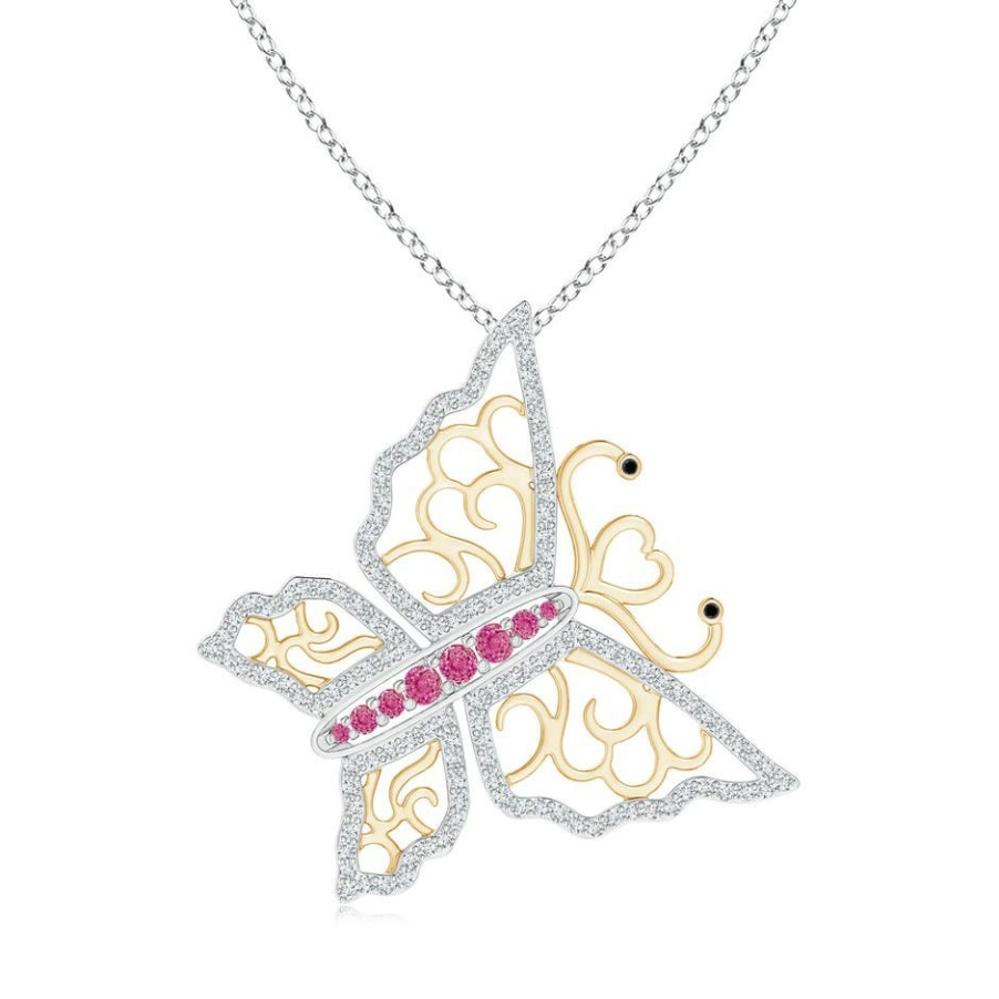 Necklaces Angara Pink Sapphire | Pink Sapphire And Diamond Butterfly Pendant In Two Tone