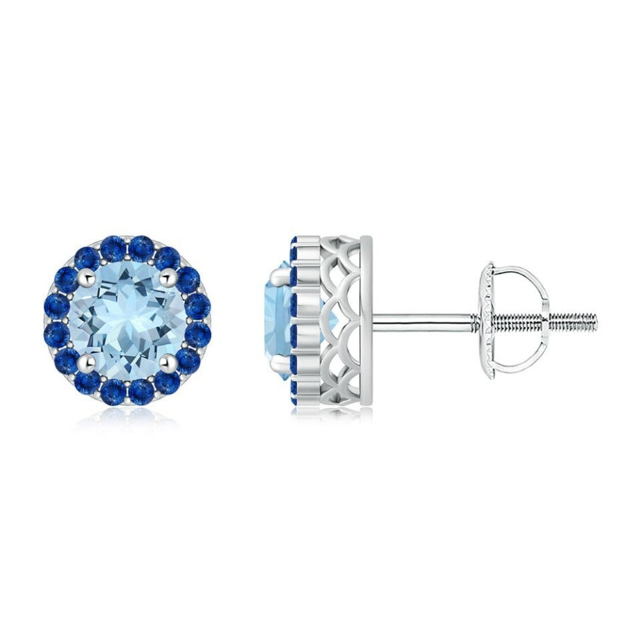 Earrings Angara Aquamarine | Round Aquamarine And Sapphire Halo Stud Earrings