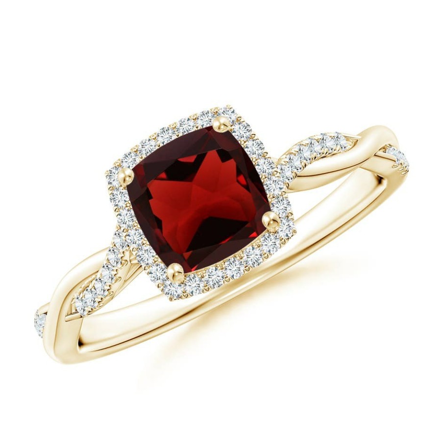 Rings Angara Garnet | Twisted Shank Cushion Garnet Halo Engagement Ring