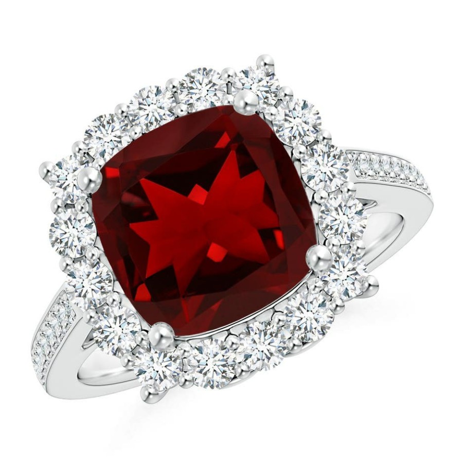 Rings Angara Garnet | Cushion Garnet Cocktail Ring With Diamond Halo