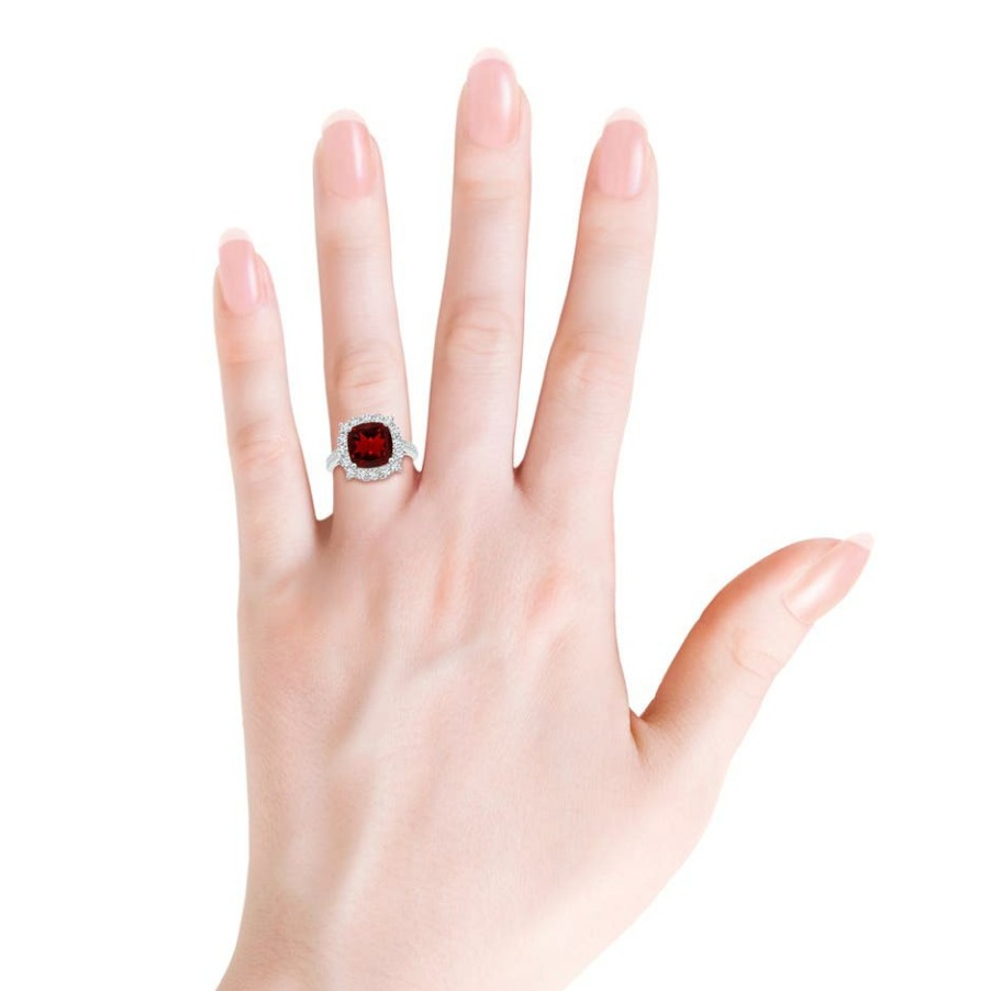 Rings Angara Garnet | Cushion Garnet Cocktail Ring With Diamond Halo