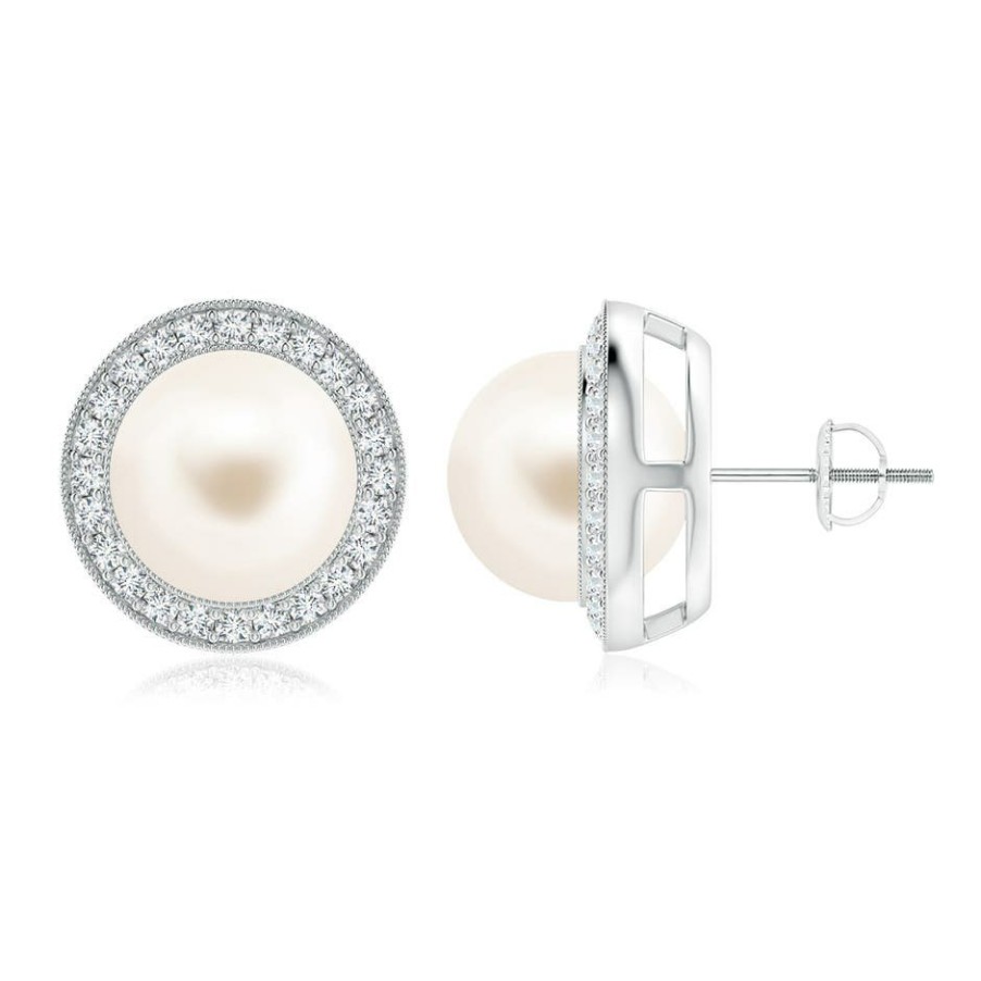 Earrings Angara Freshwater Pearl | Freshwater Pearl Halo Studs With Milgrain