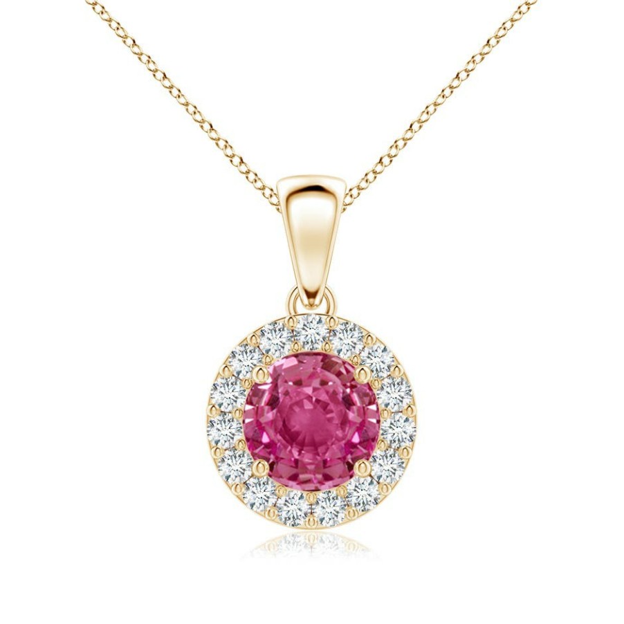 Necklaces Angara Pink Sapphire | Round Pink Sapphire And Diamond Halo Pendant