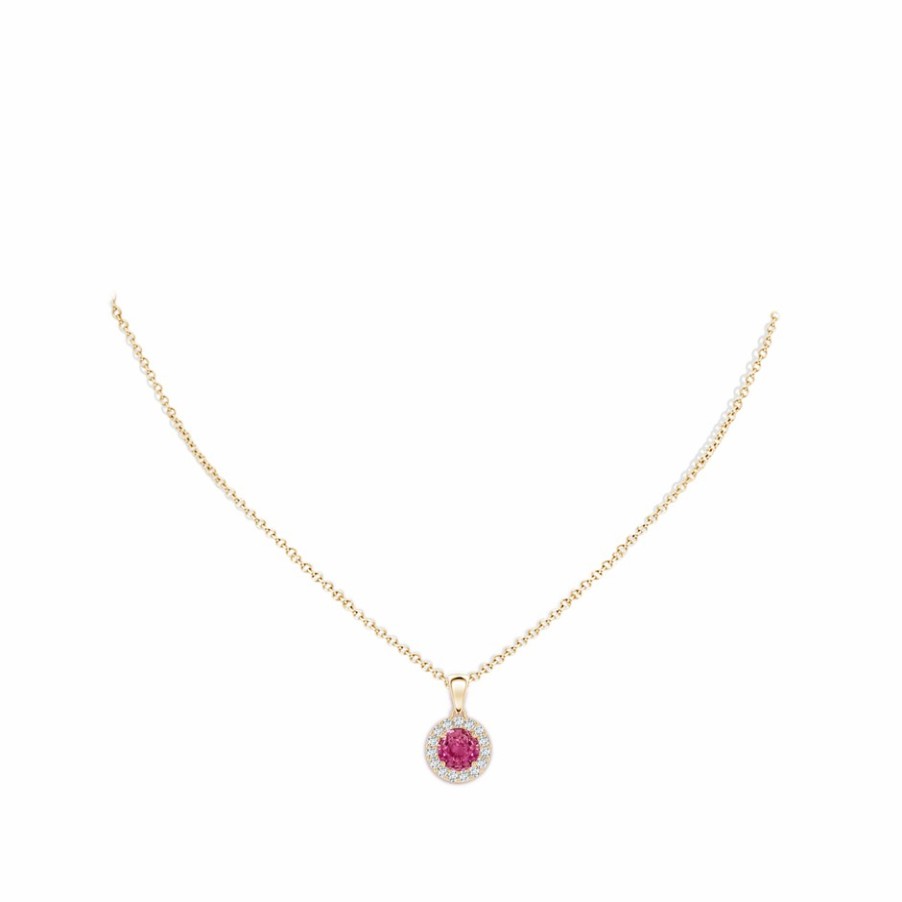 Necklaces Angara Pink Sapphire | Round Pink Sapphire And Diamond Halo Pendant