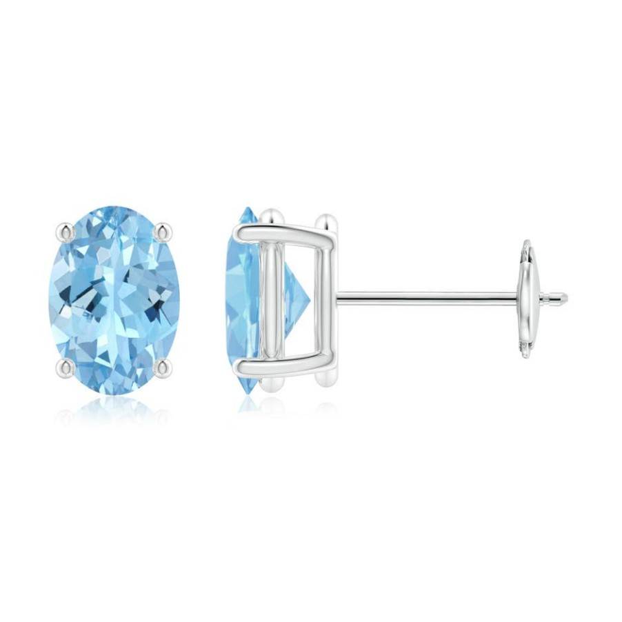 Earrings Angara Aquamarine | Prong-Set Solitaire Oval Aquamarine Stud Earrings