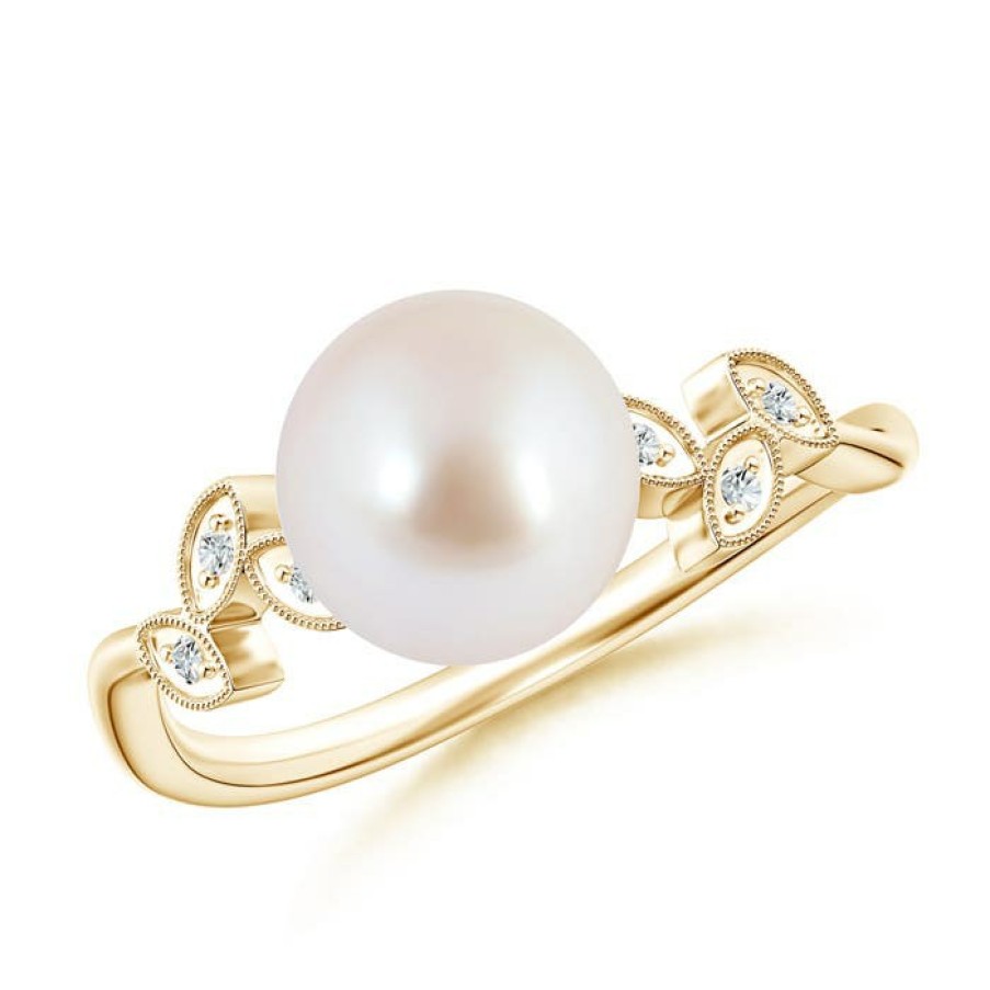 Rings Angara Akoya Pearl | Vintage Style Japanese Akoya Pearl Ring With Leaf Motifs