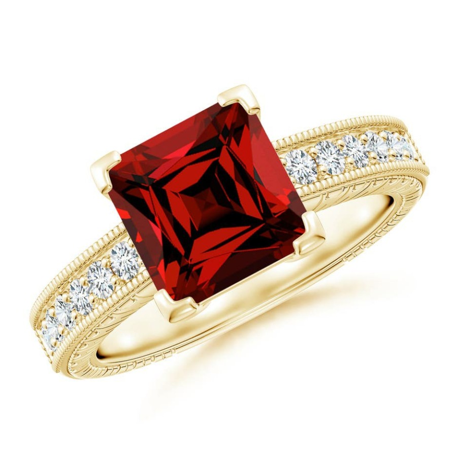 Rings Angara Ruby | Lab-Grown Square Cut Ruby Solitaire Ring With Milgrain Detailing