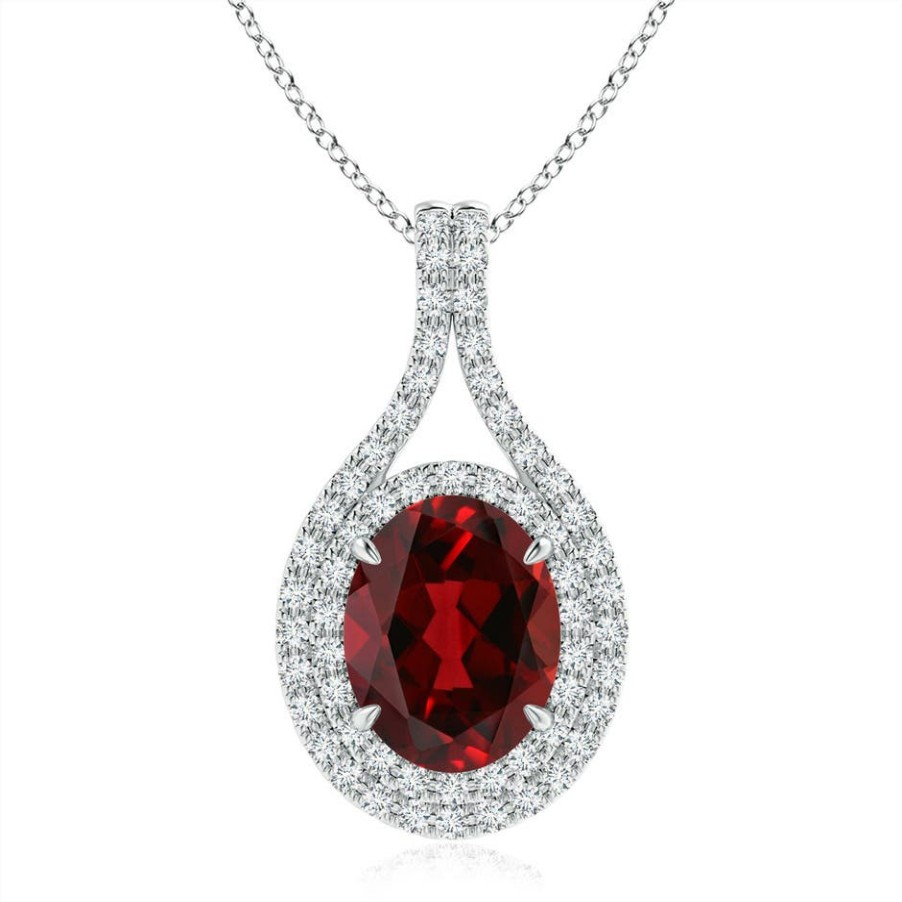 Necklaces Angara Garnet | Oval Garnet Double Halo Loop Pendant