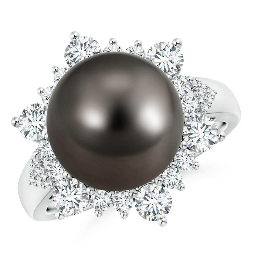 Rings Angara Tahitian Pearl | Tahitian Pearl Ring With Floral Diamond Halo