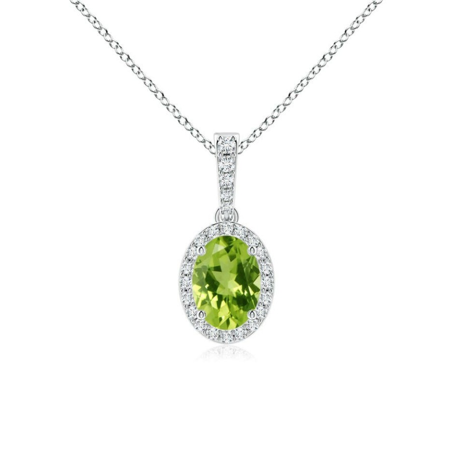 Necklaces Angara Peridot | Vintage Style Oval Peridot Halo Pendant