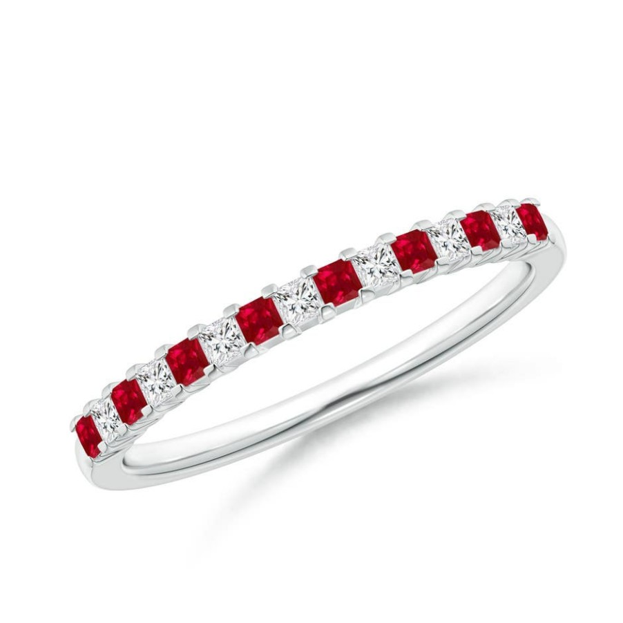 Rings Angara Ruby | Square Ruby And Princess Diamond Semi Eternity Classic Wedding Ring