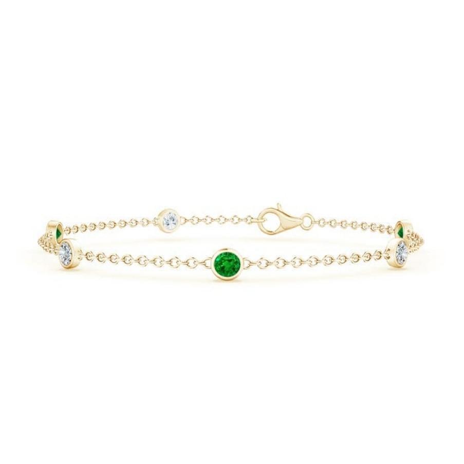 Bracelets Angara Emerald | Bezel-Set Emerald And Diamond Station Bracelet With Chain