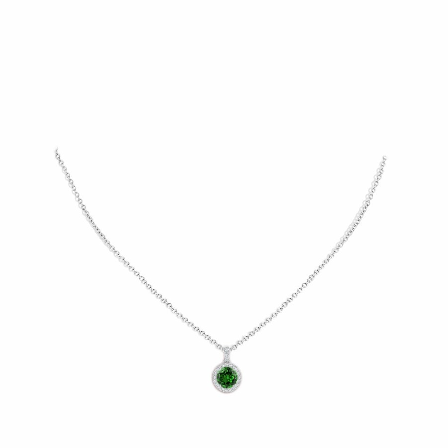 Necklaces Angara Emerald | Lab-Grown Round Emerald Dangle Pendant With Lab Diamond Halo