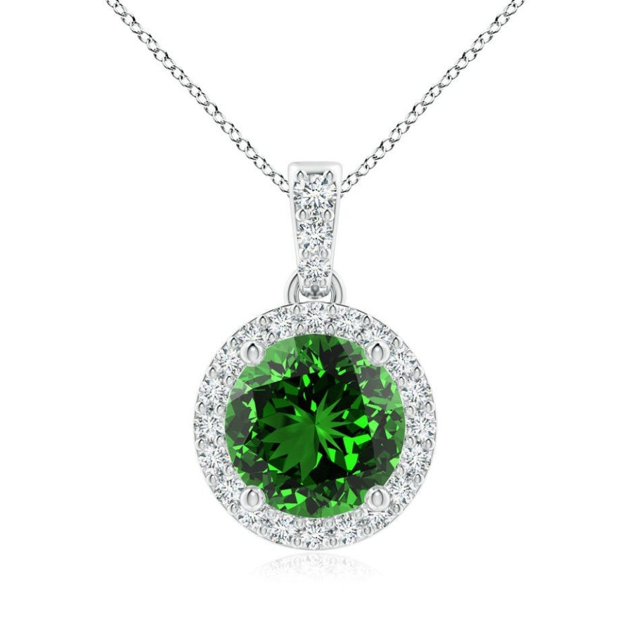 Necklaces Angara Emerald | Lab-Grown Round Emerald Dangle Pendant With Lab Diamond Halo