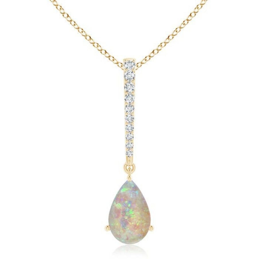 Necklaces Angara Opal | Opal Solitaire Long Drop Pendant With Diamond Studded Bale