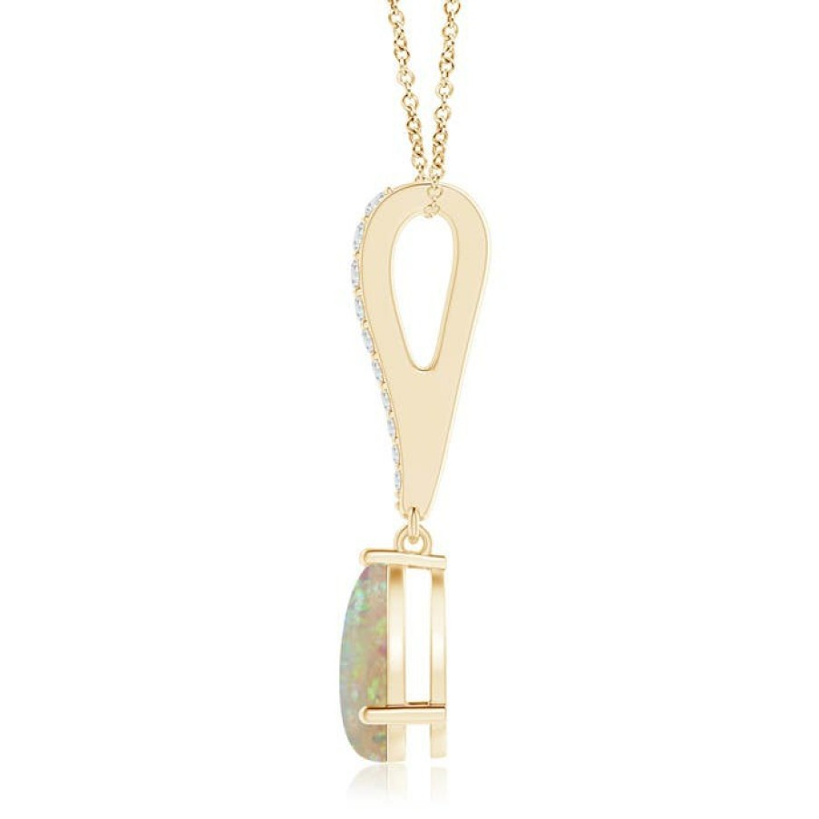 Necklaces Angara Opal | Opal Solitaire Long Drop Pendant With Diamond Studded Bale