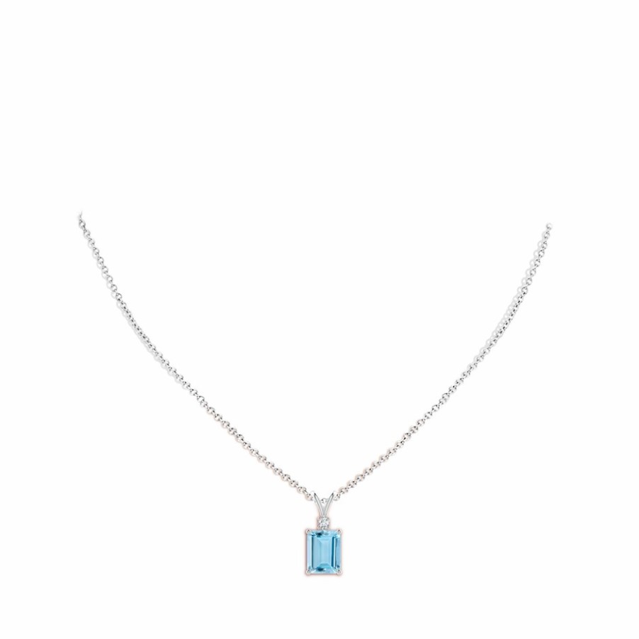 Necklaces Angara Aquamarine | Emerald-Cut Aquamarine Solitaire Pendant With Diamond