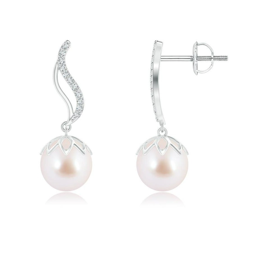 Earrings Angara Akoya Pearl | Japanese Akoya Pearl Flame Earrings With Diamonds