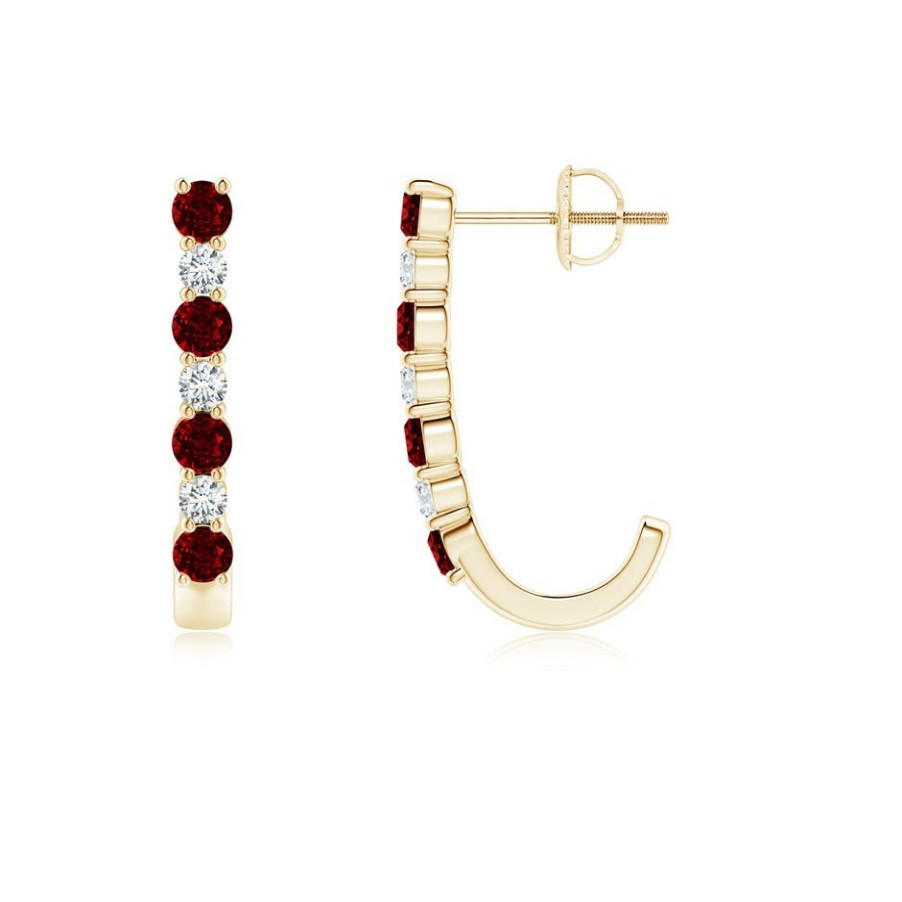 Earrings Angara Ruby | Ruby And Diamond J-Hoop Earrings