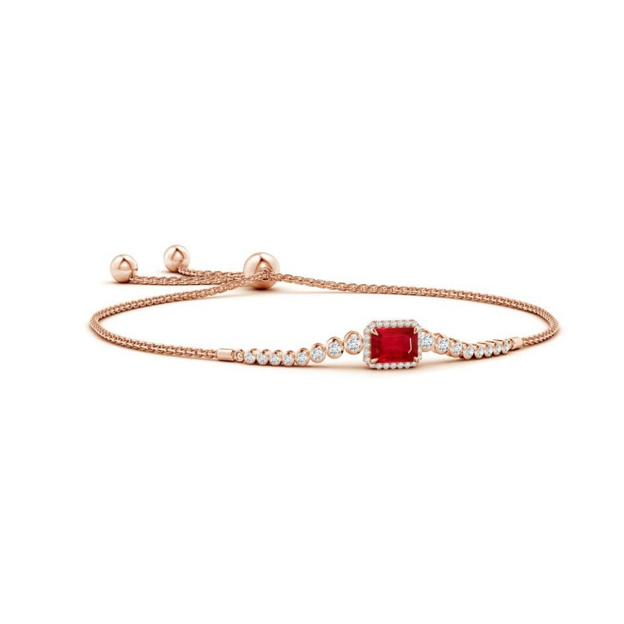 Bracelets Angara Ruby | Emerald-Cut Ruby Halo Bolo Bracelet