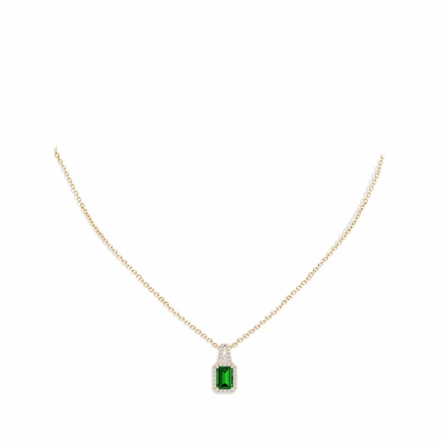 Necklaces Angara Emerald | Lab-Grown Emerald-Cut Emerald Halo Pendant